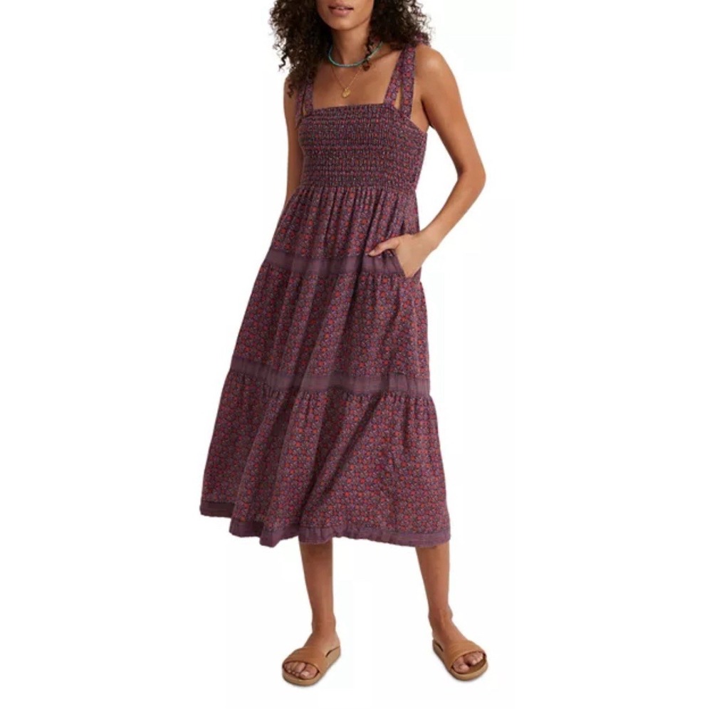MARINE LAYER Selene Smocked  Linen Blend Tiered Midi Dress Geo Floral Purple M